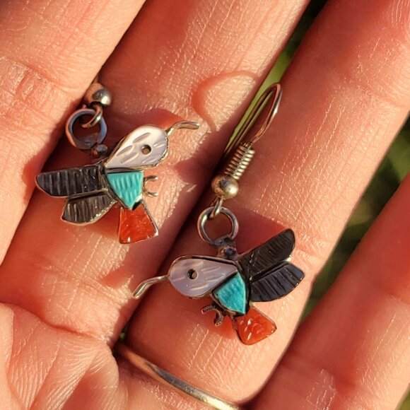Native American Zuni handmade handcarved gemstone inlay 925 sterling hummingbird - Picture 12 of 13